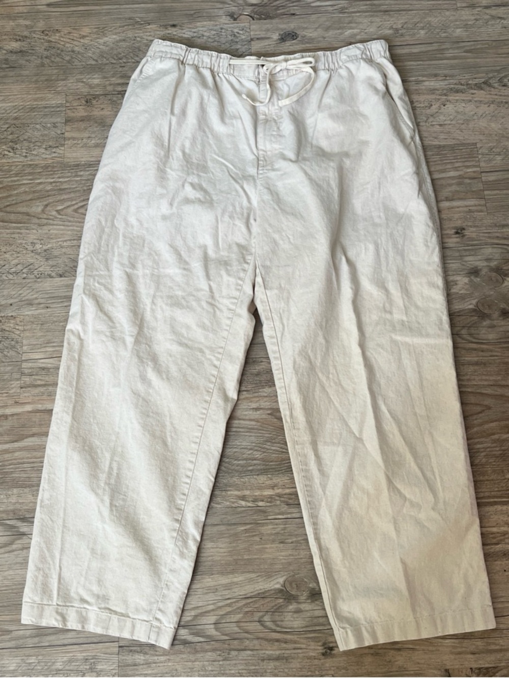 Oak Hill Men’s 1X Khaki Drawstring Linen Cotton Pants Pockets 32” Length